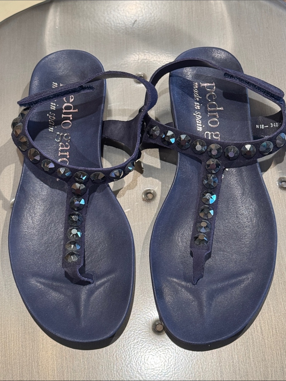 Pedro Garcia Navy T‑Strap Sandals with Iridescent Crystal Accents